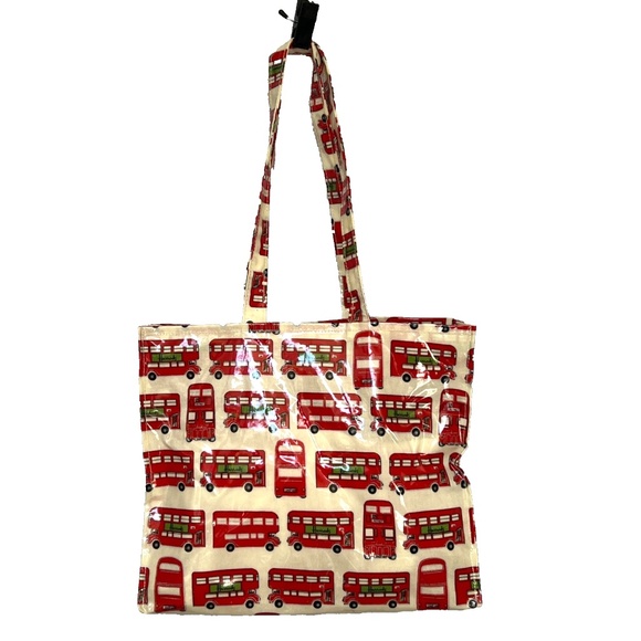 Harrods London Buses Tote PVC Shopping Bag Shopper Waterproof Red Cream Green - Picture 1 of 8